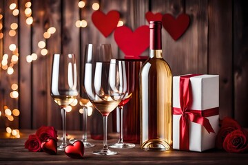 Valentine's Day wine bottle/glass and heart-shaped white wooden gift box.