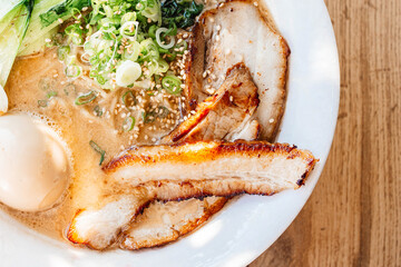 Close Up of Whole Egg Tonkotsu Ramen Bowl