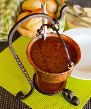 Rich meat and vegetable stew (Bogracs) - traditional dish of Hungarian and Slovenian cuisine