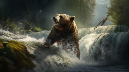 Mighty grizzly bear standing on a rushing waterfall, poised to catch leaping salmon in its powerful jaws. - obrazy, fototapety, plakaty