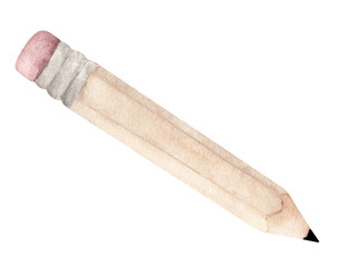 Watercolor painting of Pink pencil for writing and eraser.