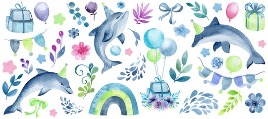 Collection of baby birthday elements. Watercolor set of balloons and dolphins on an isolated background. Kids party clipart hand drawn.
