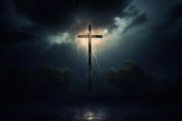 Naklejka premium Cross in the dark with stormy sky