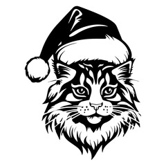 Christmas cat, Cute Maine Coon Cat in Santa hat head, Generative AI.