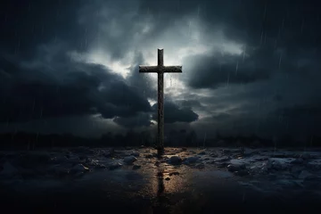 Muurstickers Cross in the dark with stormy sky © Rudsaphon