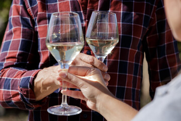 two wine glasses clink at the party outdoors