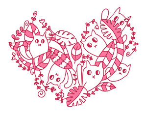 Heart shaped doodle pattern with cute cats in the jungle. Perfect print for tee, poster, card, sticker, banner. Hand drawn vector illustration.
