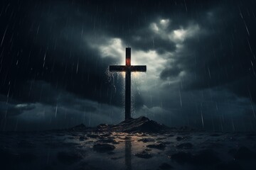 Naklejka premium Cross in the dark with stormy sky