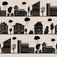 Domestic home and trees hand carved linocut seamless pattern on rainy background. Collection of folk art style rural houses and woodland clip art.