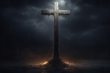 Naklejka premium Cross in the dark with stormy sky