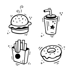 Fast food icons set - burger, French fries, paper cup with drink, pie, donut. Hand drawn fast food combination. Comic doodle sketch style. Vector illustration