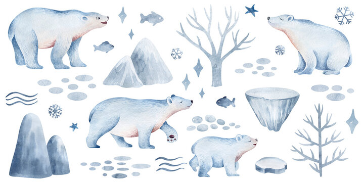 Polar bears on an isolated background. Arctic wildlife watercolor set. Hand drawn elements of beasts and iand ice icebergs for stickers and kids prints.