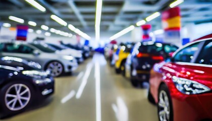 Fototapeta premium background of blurred new cars dealership salon