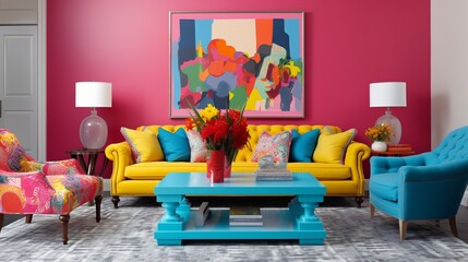 Fototapeta premium Playful living room with vibrant colors, eclectic furnishings, and an empty frame reflecting the room's lively spirit, inviting you to infuse your creativity.