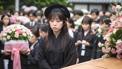 Sad Asian Woman In Funeral Ceremony Background