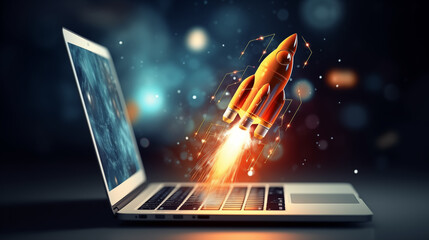 Digital Liftoff: Navigating Business Ascent with Laptop Rockets - Igniting Your Startup Dreams! - obrazy, fototapety, plakaty