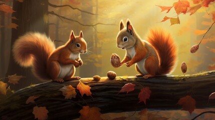 Playful red squirrels gathering acorns in a sun-dappled autumn forest, their bushy tails flicking in excitement, with golden leaves falling gently around them in the breeze.