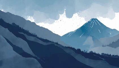 Blue mountain background. landscape background design with watercolor brush texture. Wallpaper design, Wall art for home decor and prints
