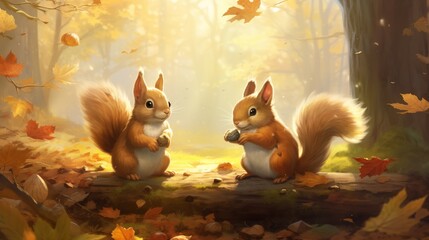 Playful red squirrels gathering acorns in a sun-dappled autumn forest, their bushy tails flicking in excitement, with golden leaves falling gently around them in the breeze. - obrazy, fototapety, plakaty