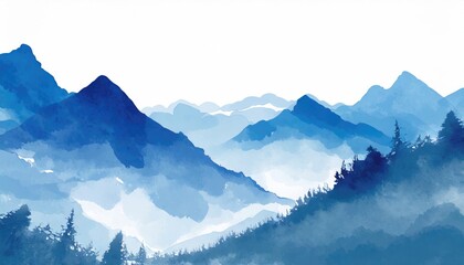 Blue mountain background. landscape background design with watercolor brush texture. Wallpaper design, Wall art for home decor and prints