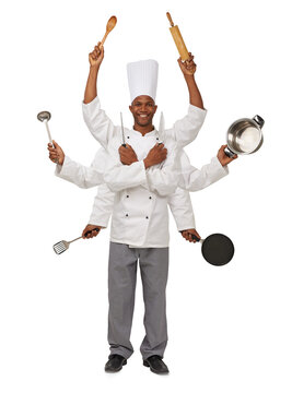 Man, portrait and chef multitasking cooking for dinner rush, kitchen for food preparation. Black person, face and utensils or fine dining menu isolated on transparent png background, prepare or lunch