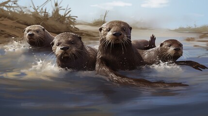 Playful river otters sliding down muddy riverbanks, their sleek bodies leaving trails in the mud as...