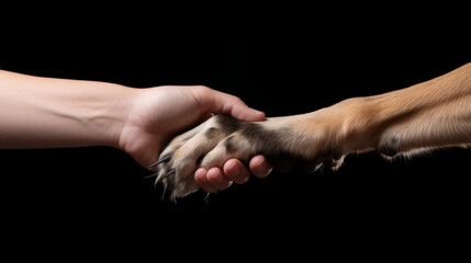 Handshake of human hand and dog. Animal and human handshake. Human hand and animal paw. Collaboration between human and nature and animals. Isolated on black background - obrazy, fototapety, plakaty