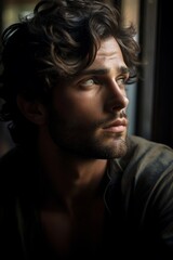 Fototapeta premium The handsome individual gazing into the distance, lost in thought. The HD camera captures the raw emotion on their face, highlighting their intelligence and depth.