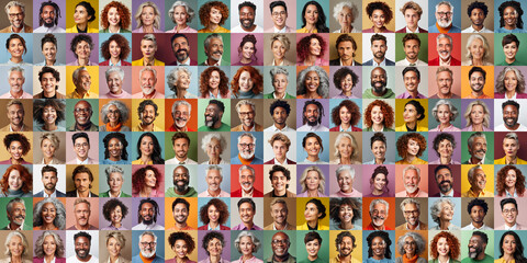 Panorama of adult people of many age groups in front of colorful backgrounds