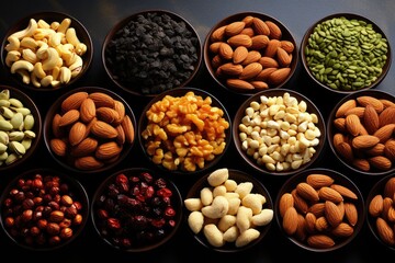 Background from various nuts and dried fruits, top view.