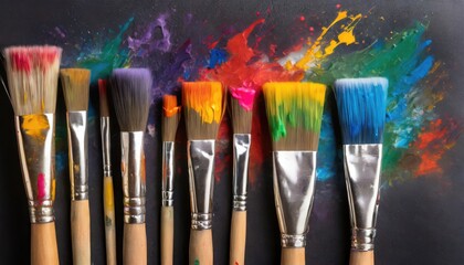 Obraz premium Colorful paint brush splashes on canvas. Row of artist paintbrushes closeup on artistic canvas