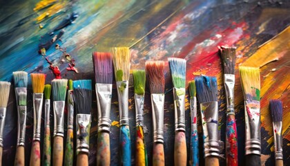 Obraz premium Colorful paint brush splashes on canvas. Row of artist paintbrushes closeup on artistic canvas