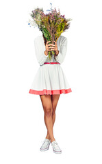 Covering face, woman and bouquet with flowers, fashion and stylish clothes isolated on a...