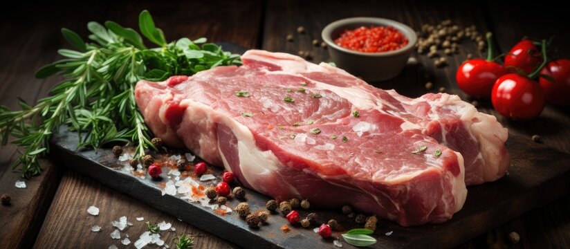 Raw pork neck or collar on board with marinade ingredients.