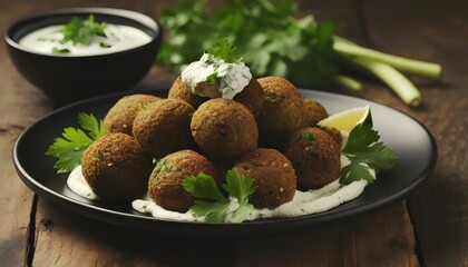 Fresh falafel with parsley and tzatziki sauce in black plate on wooden table