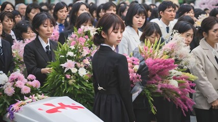 Sad Asian Woman In Funeral Ceremony Background - obrazy, fototapety, plakaty