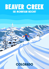 Beaver Creek Ski Travel resort poster vintage. Colorado USA winter landscape travel card - obrazy, fototapety, plakaty