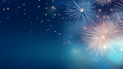 Fototapeta na wymiar Fireworks colorful explosions on blue, festive background with copy space,PPT background