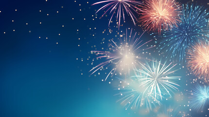 Fireworks colorful explosions on blue, festive background with copy space,PPT background