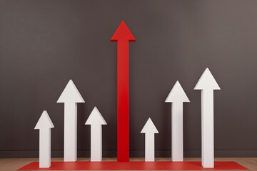3d render of red arrow growing upward against other small white arrows. Concept of competitive, success in business