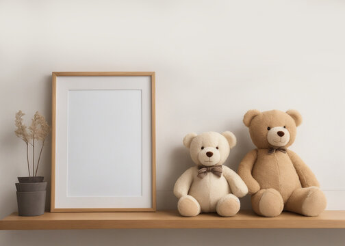 A mockup of a children's room interior, showcasing an unadorned wall and a wooden shelf adorned with cuddly stuffed toys