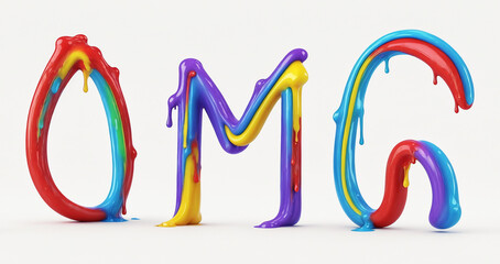 A colorful rainbow-colored word OMG text made up of fluid melt dripping liquid flow dripping