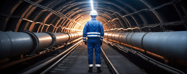 A diligent tunnel worker inspects an underground sewer tunnel, thoroughly examining a pipeline to ensure its integrity