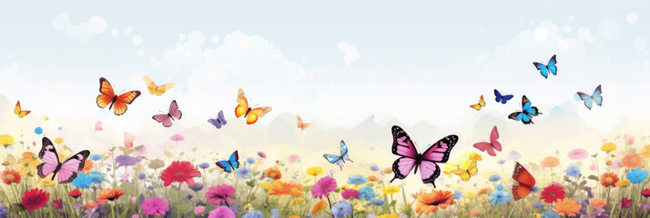 Vibrant meadow with colorful butterflies and blooming flowers under a soft sky - obrazy, fototapety, plakaty