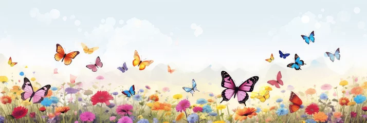 Poster Vibrant meadow with colorful butterflies and blooming flowers under a soft sky © Robert Kneschke