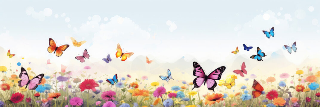 Fototapeta Vibrant meadow with colorful butterflies and blooming flowers under a soft sky