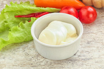 Organic mayonnaise sauce in the bowl