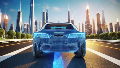 Riding wireframe car concept on the road and futuristic city on the background