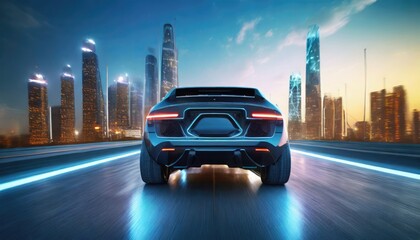 Riding wireframe car concept on the road and futuristic city on the background