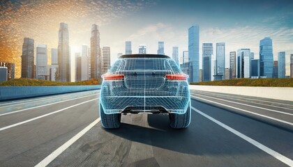 Riding wireframe car concept on the road and futuristic city on the background